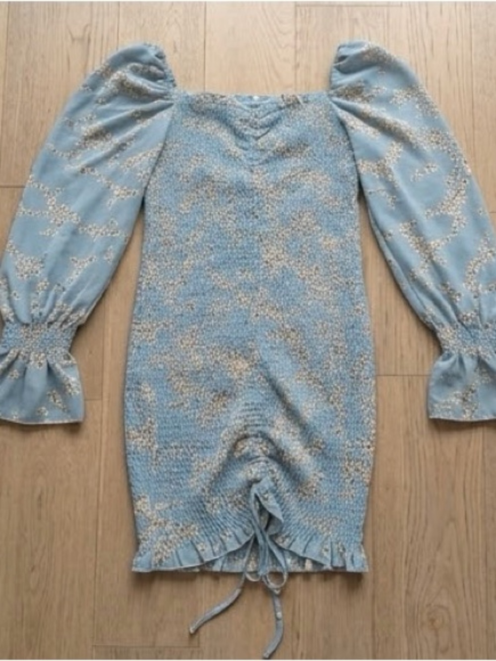 Blue Floral Puff-Sleeve Smocked Dress